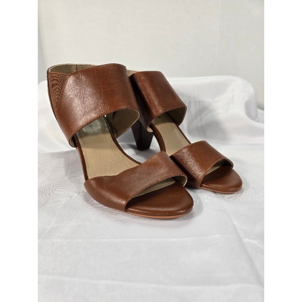 Karl Lagerfeld Paris Leather Floquet Block Heel Sandals Size 7.5 Brown
